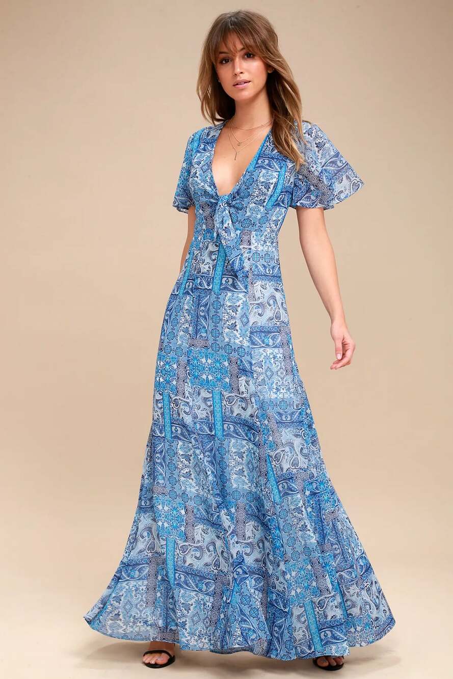 Lulus Wings of Love Blue Print Short Sleeve Maxi Dress Women's Size XS